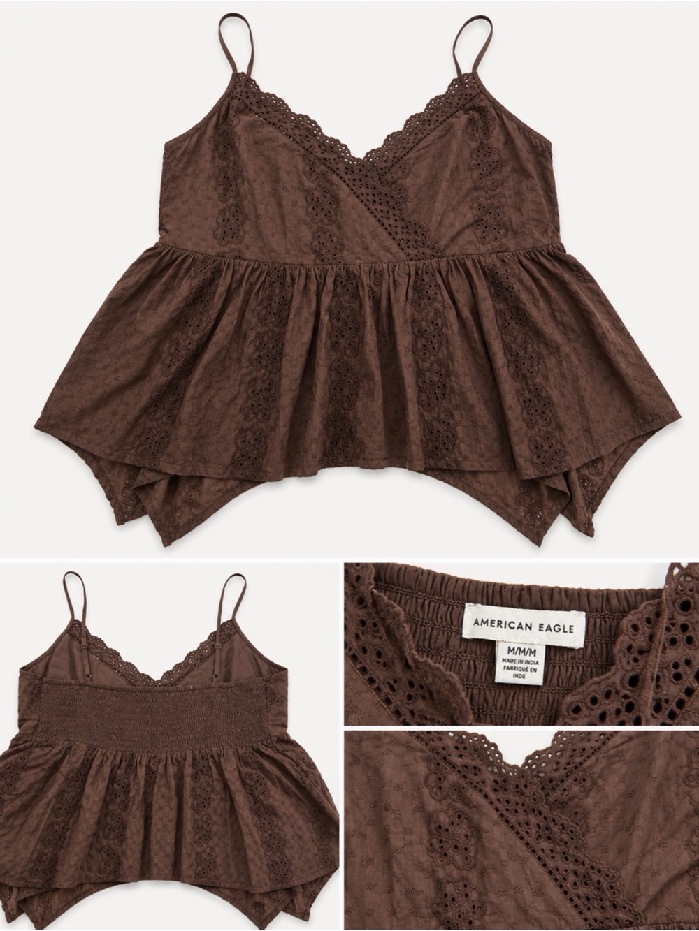 American Eagle Outfitters Brown Eyelet Lace Trim Peplum Tank - Picture 2 of 2